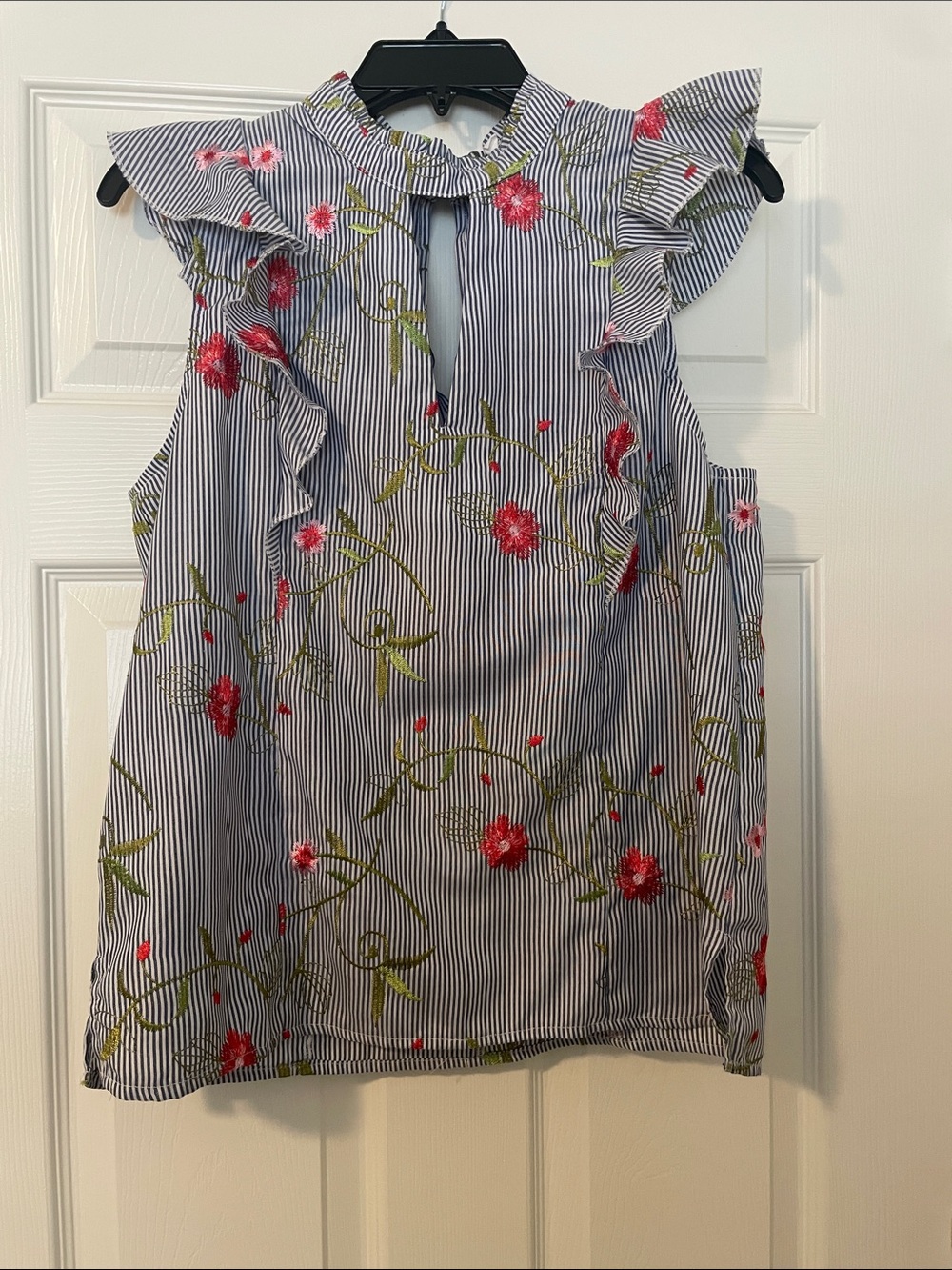 BCBGeneration Navy Stripe Camisole with Red Floral Embroidery